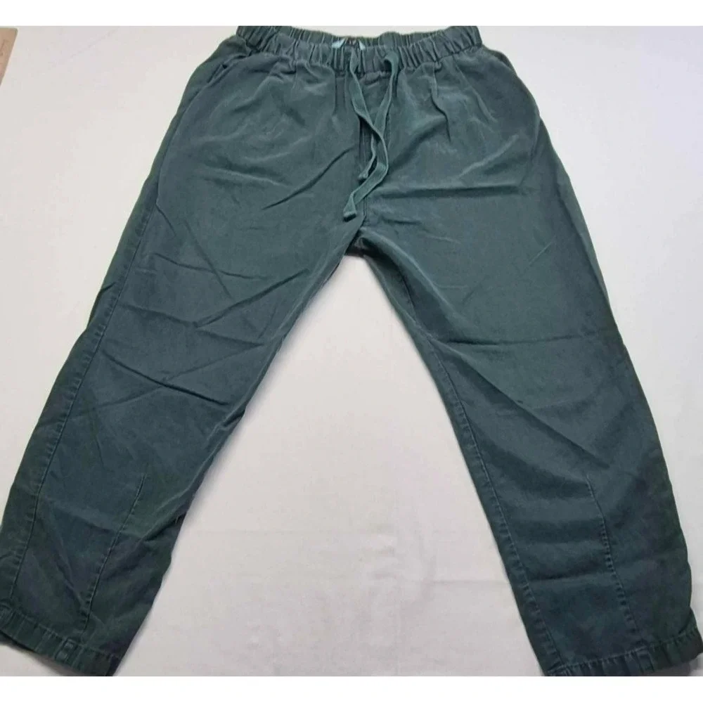 Zara women's green linen blend crop tapered drawstring casual pant sz. S pockets